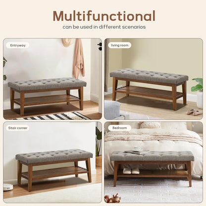 Banc à chaussures d'entrée, banc de rangement en tissu et bois massif, banc rembourré de 43 pouces pour salon et chambres