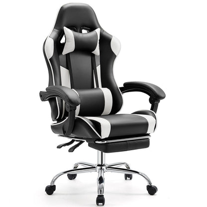 Fauteuil de jeu ergonomique pivotant à 360° en cuir PU avec repose-pieds, appui-tête, support lombaire et hauteur réglable
