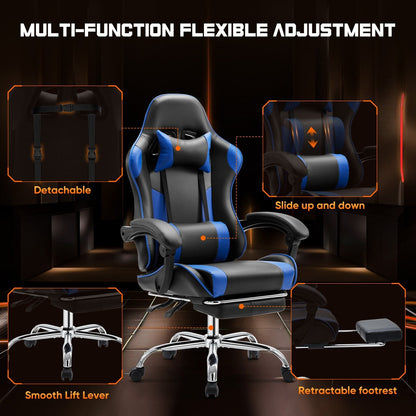 Fauteuil de jeu ergonomique pivotant à 360° en cuir PU avec repose-pieds, appui-tête, support lombaire et hauteur réglable