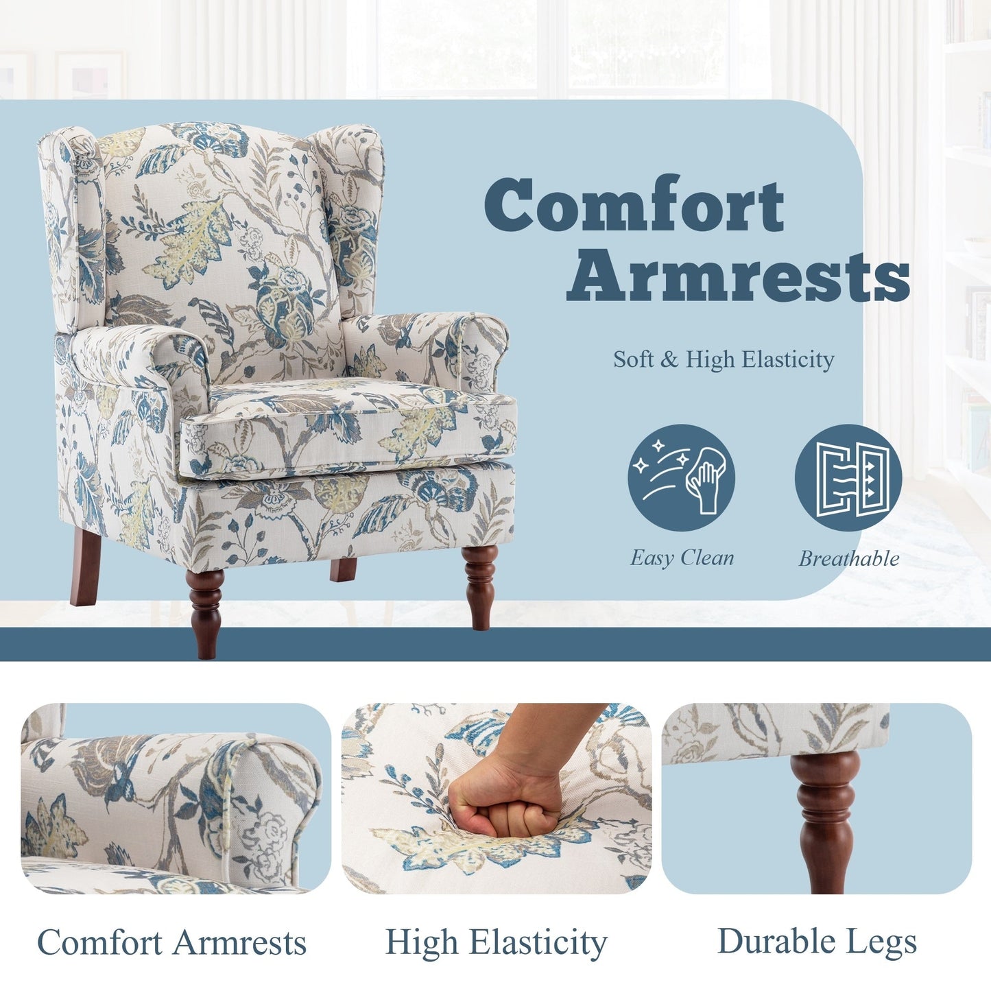 Fauteuil d'appoint moderne Erommy, fauteuil à dossier haut, canapé simple en tissu rembourré avec pieds en bois pour le salon