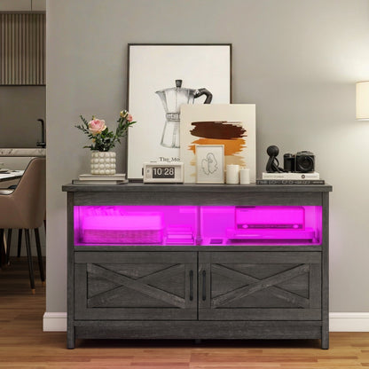 Meuble TV Farmhouse pouvant accueillir jusqu'à 65 téléviseurs avec portes et étagères ouvertes Console multimédia Prise de courant