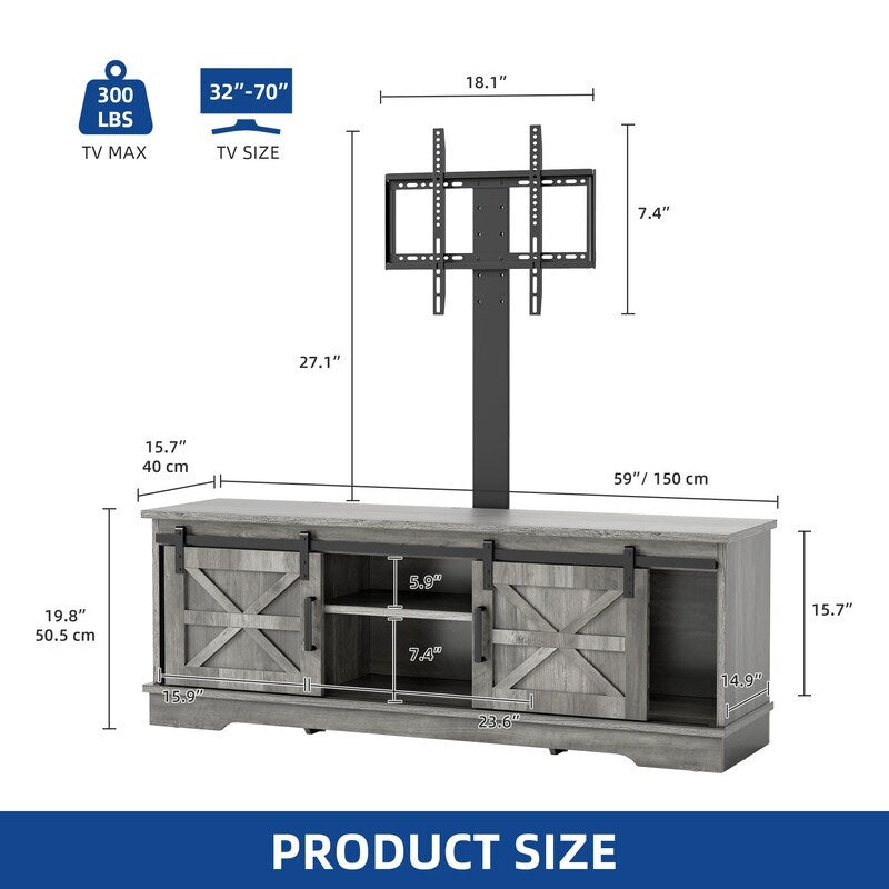 Meuble TV Farmhouse pouvant accueillir jusqu'à 65 téléviseurs avec portes et étagères ouvertes Console multimédia Prise de courant