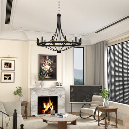 Lustre Empire à 12 lumières de style ferme moderne Fidenza avec roue de chariot et UL - D40'' * H135''