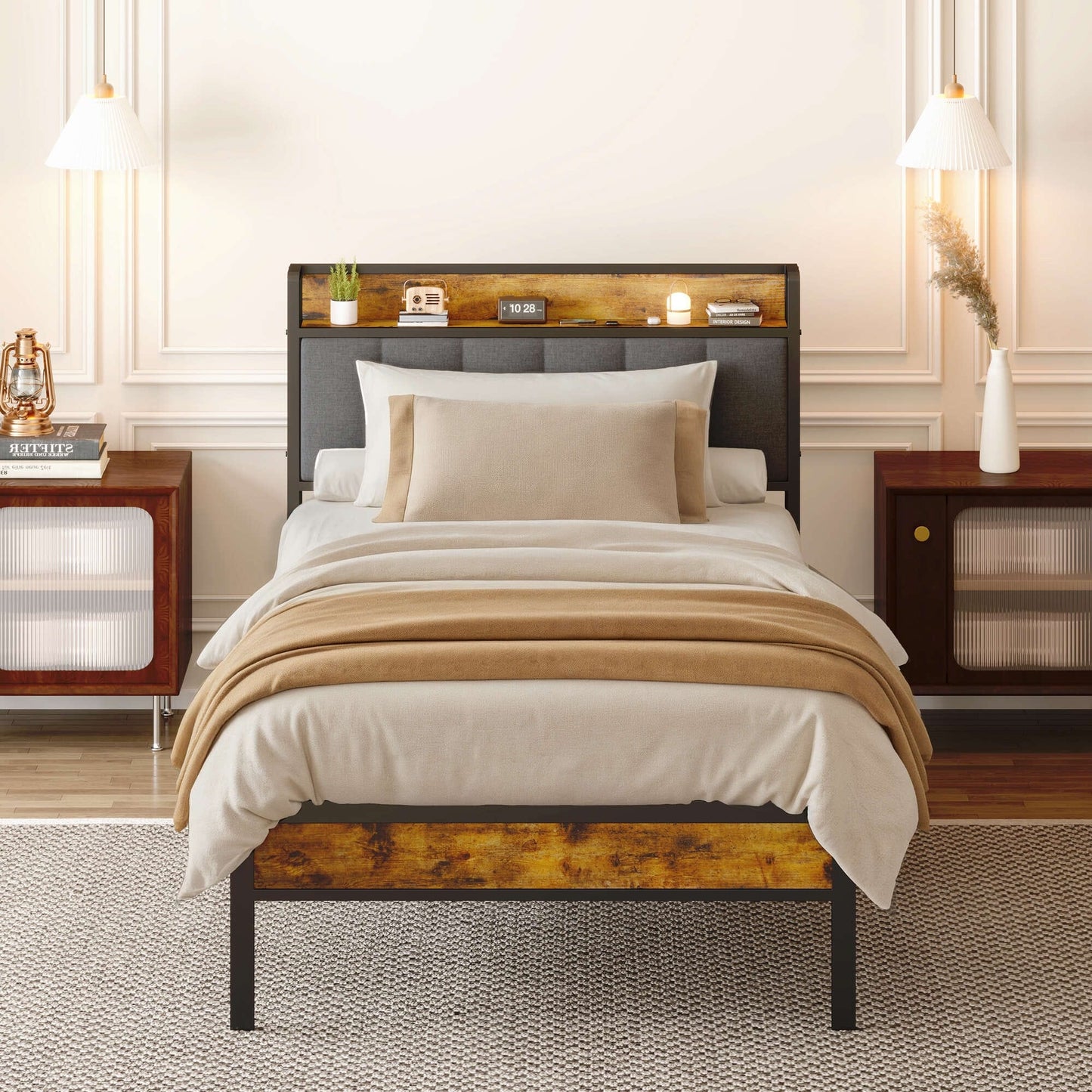 Twin / Full / Queen / King Size Metal Platform Bed Frame with Upholstered Storage Headboard