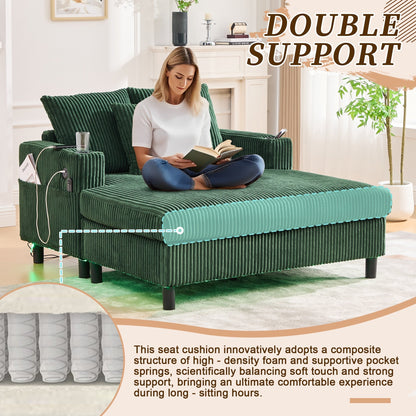 Canapé-lit inclinable surdimensionné HOMEFUN en velours côtelé avec éclairage LED RVB, porte-gobelet, port USB et 3 oreillers