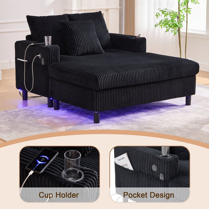 Canapé-lit inclinable surdimensionné HOMEFUN en velours côtelé avec éclairage LED RVB, porte-gobelet, port USB et 3 oreillers