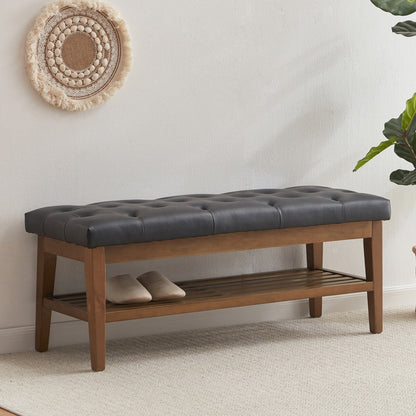 Banc à chaussures d'entrée, banc de rangement en tissu et bois massif, banc rembourré de 43 pouces pour salon et chambres