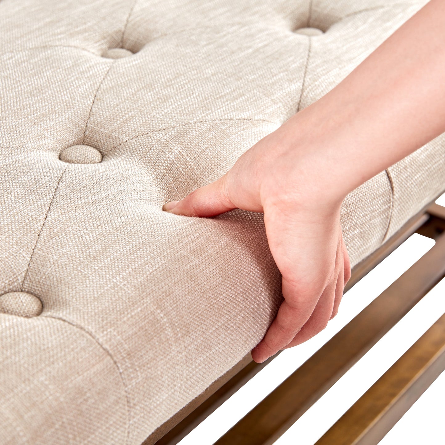 Banc à chaussures d'entrée, banc de rangement en tissu et bois massif, banc rembourré de 43 pouces pour salon et chambres