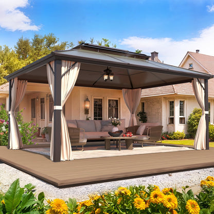 Tonnelle à toit rigide pour jardin – Pergola permanente avec filet, rideaux et double toit, abri extérieur toutes saisons