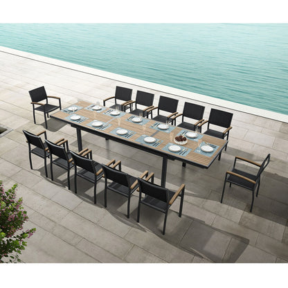 Ensemble de salle à manger d'extérieur Heck 13 pièces en teck et aluminium FSC pour 12 personnes, table extensible et chaises empilables, noir anthracite