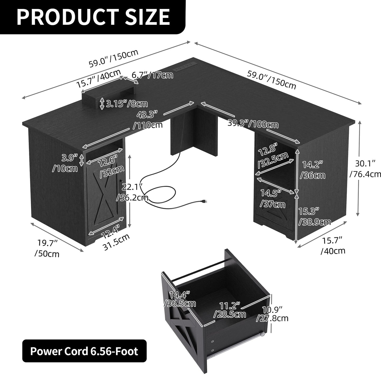 Bureau d'angle gaming Moasis en forme de L, 150 cm (59 pouces), avec support pour écran