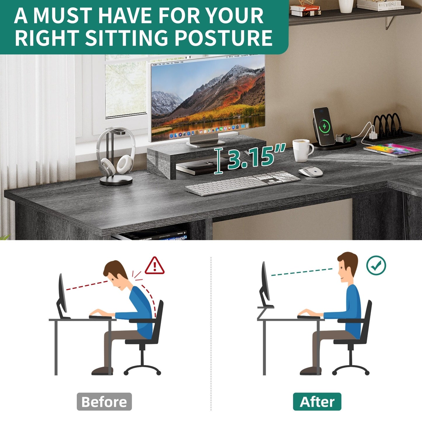 Bureau d'angle gaming Moasis en forme de L, 150 cm (59 pouces), avec support pour écran