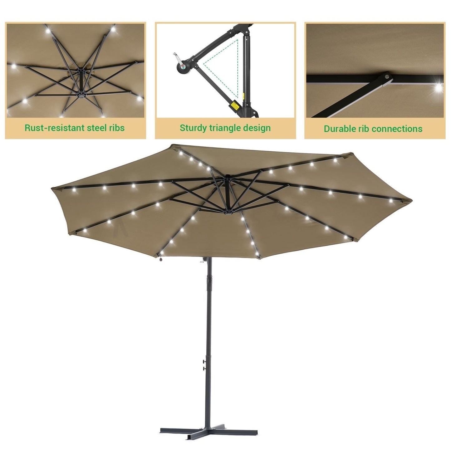 Parasol déporté de terrasse LIVOOSUN de 3 m avec éclairage LED et base en croix