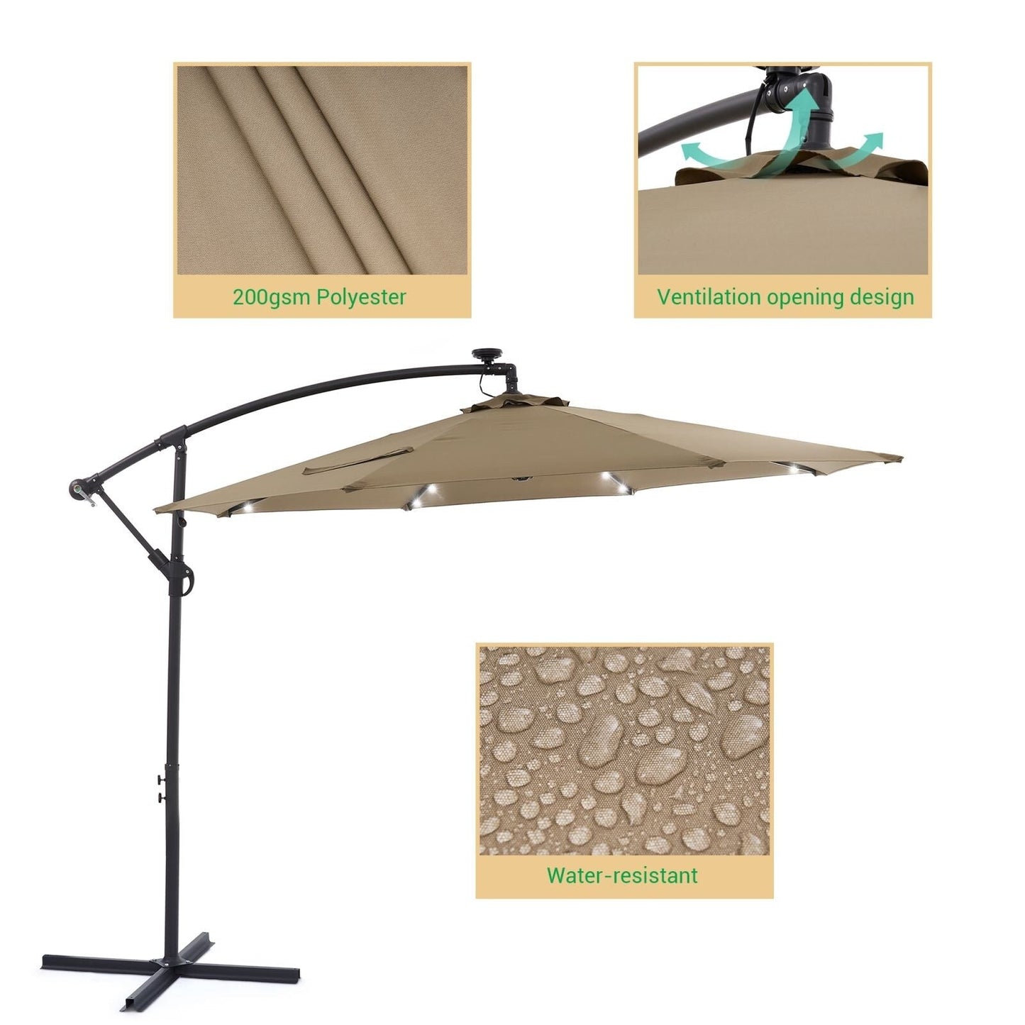 Parasol déporté de terrasse LIVOOSUN de 3 m avec éclairage LED et base en croix
