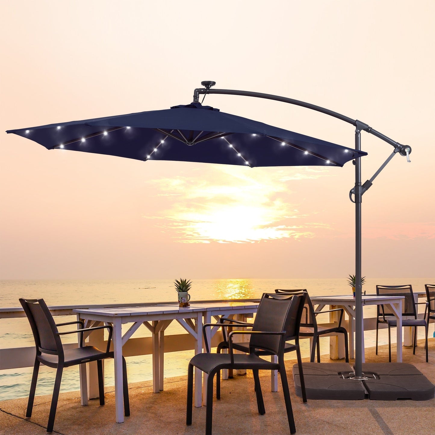Parasol déporté de terrasse LIVOOSUN de 3 m avec éclairage LED et base en croix