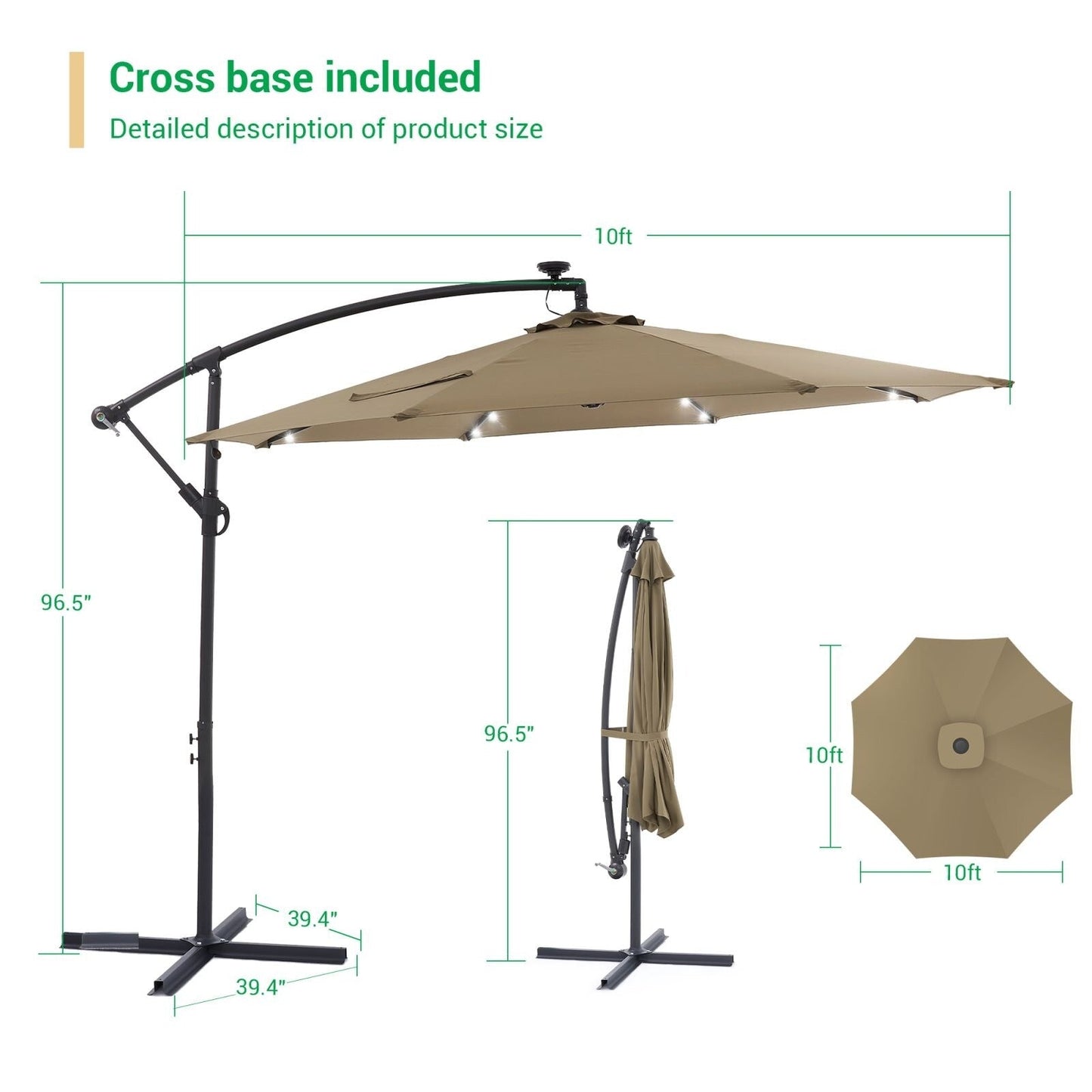 Parasol déporté de terrasse LIVOOSUN de 3 m avec éclairage LED et base en croix