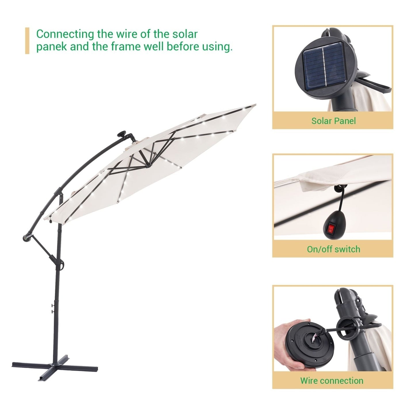 Parasol déporté de terrasse LIVOOSUN de 3 m avec éclairage LED et base en croix