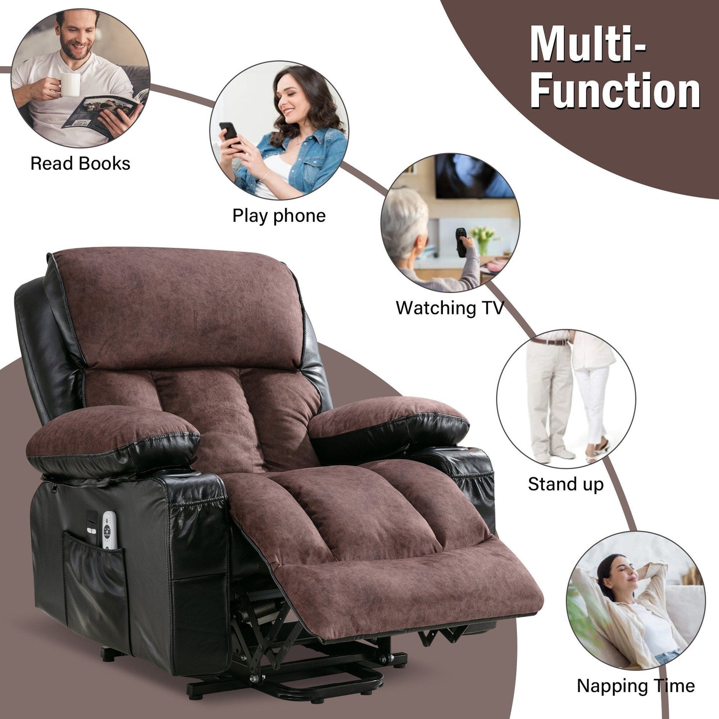Grand fauteuil inclinable électrique avec chauffage et massage 8 points - Télécommande, port USB
