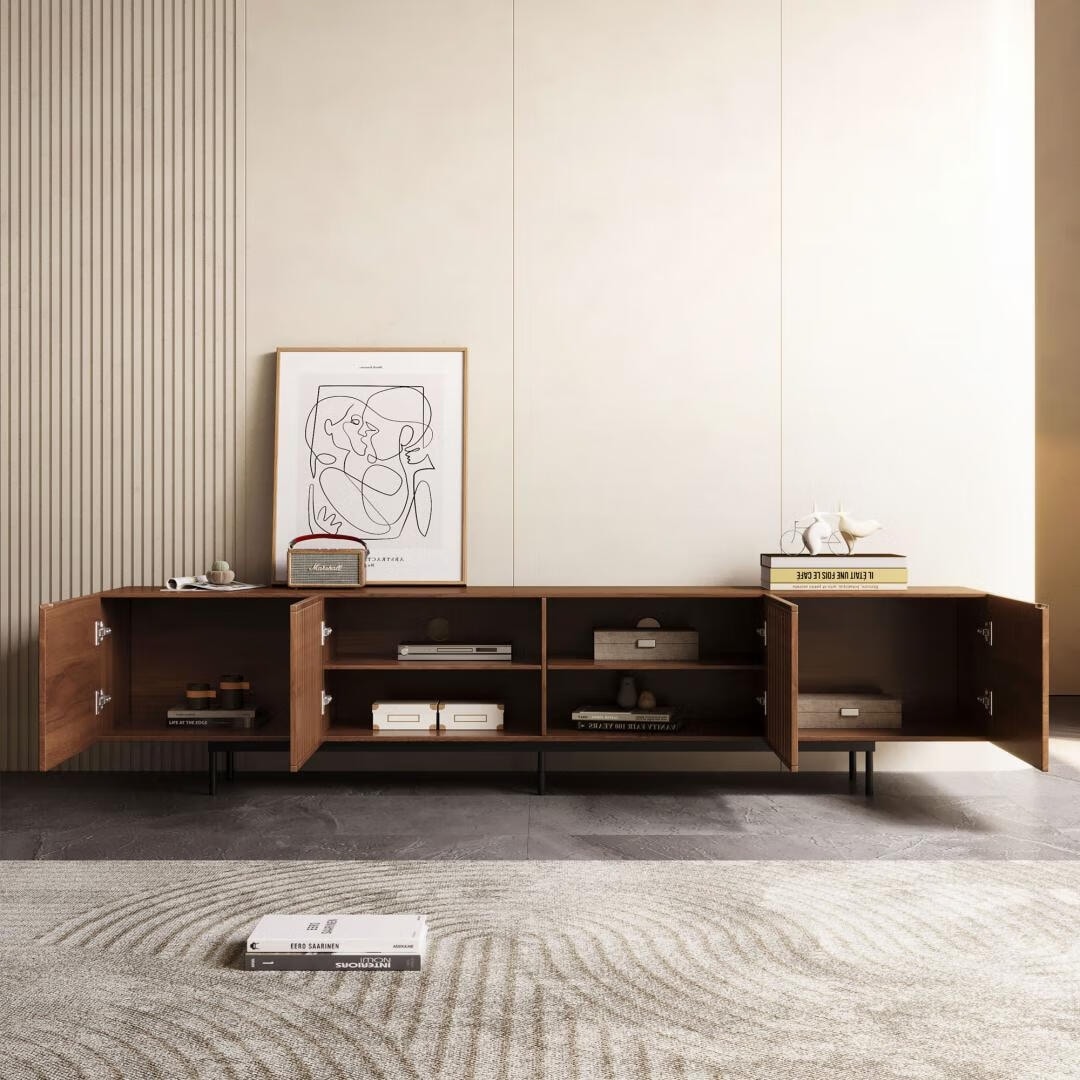 Meuble TV de style moderne du milieu du siècle avec 4 portes de rangement, compatible avec les téléviseurs jusqu'à 100 pouces, centre de divertissement pour le salon
