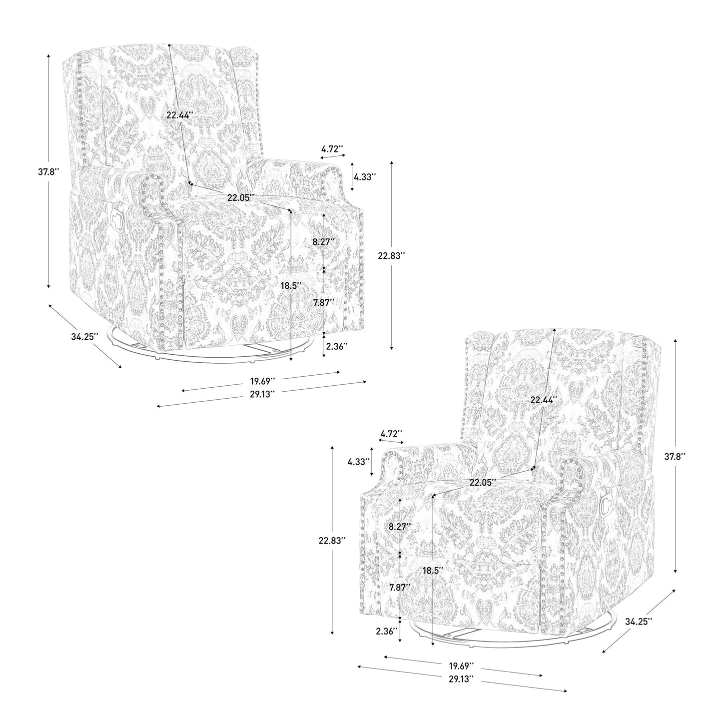Ensemble de 2 fauteuils inclinables pivotants et coulissants de 29 po de largeur avec dossier à poussée manuelle