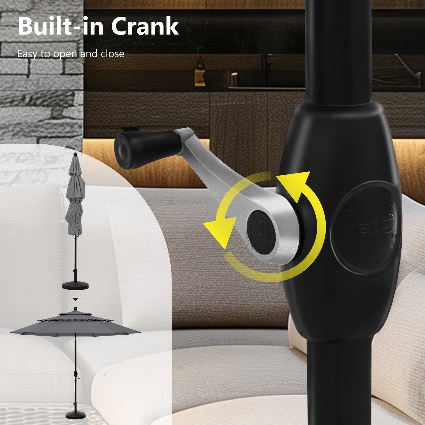 Parasol d'extérieur MAISON ARTS de 3 m (10 pi) à 3 niveaux, ventilé, avec inclinaison automatique et manivelle.