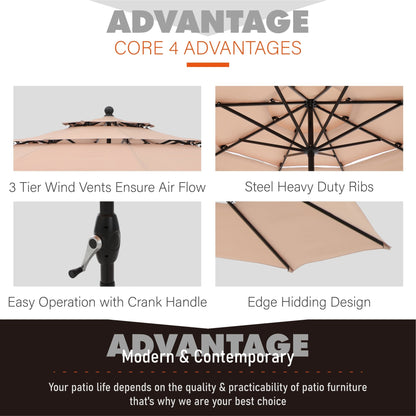 Parasol d'extérieur MAISON ARTS de 3 m (10 pi) à 3 niveaux, ventilé, avec inclinaison automatique et manivelle.