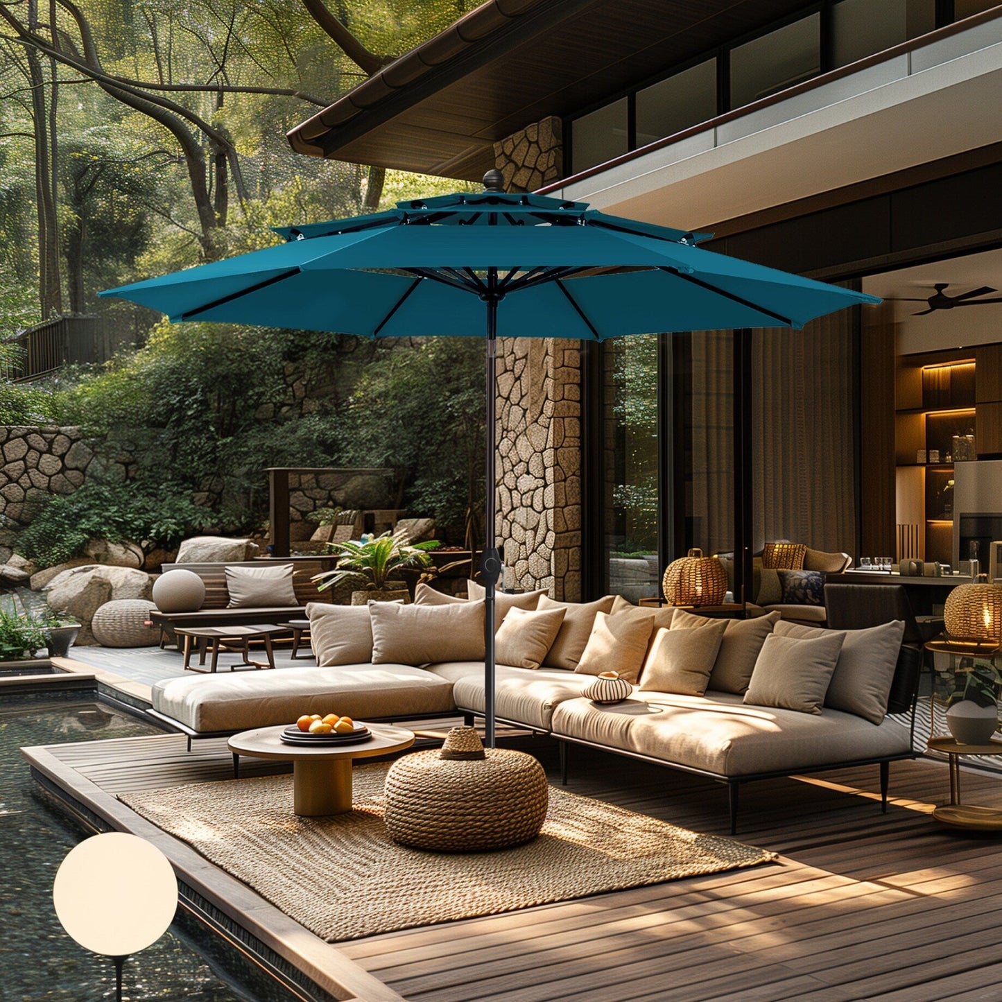 Parasol d'extérieur MAISON ARTS de 3 m (10 pi) à 3 niveaux, ventilé, avec inclinaison automatique et manivelle.