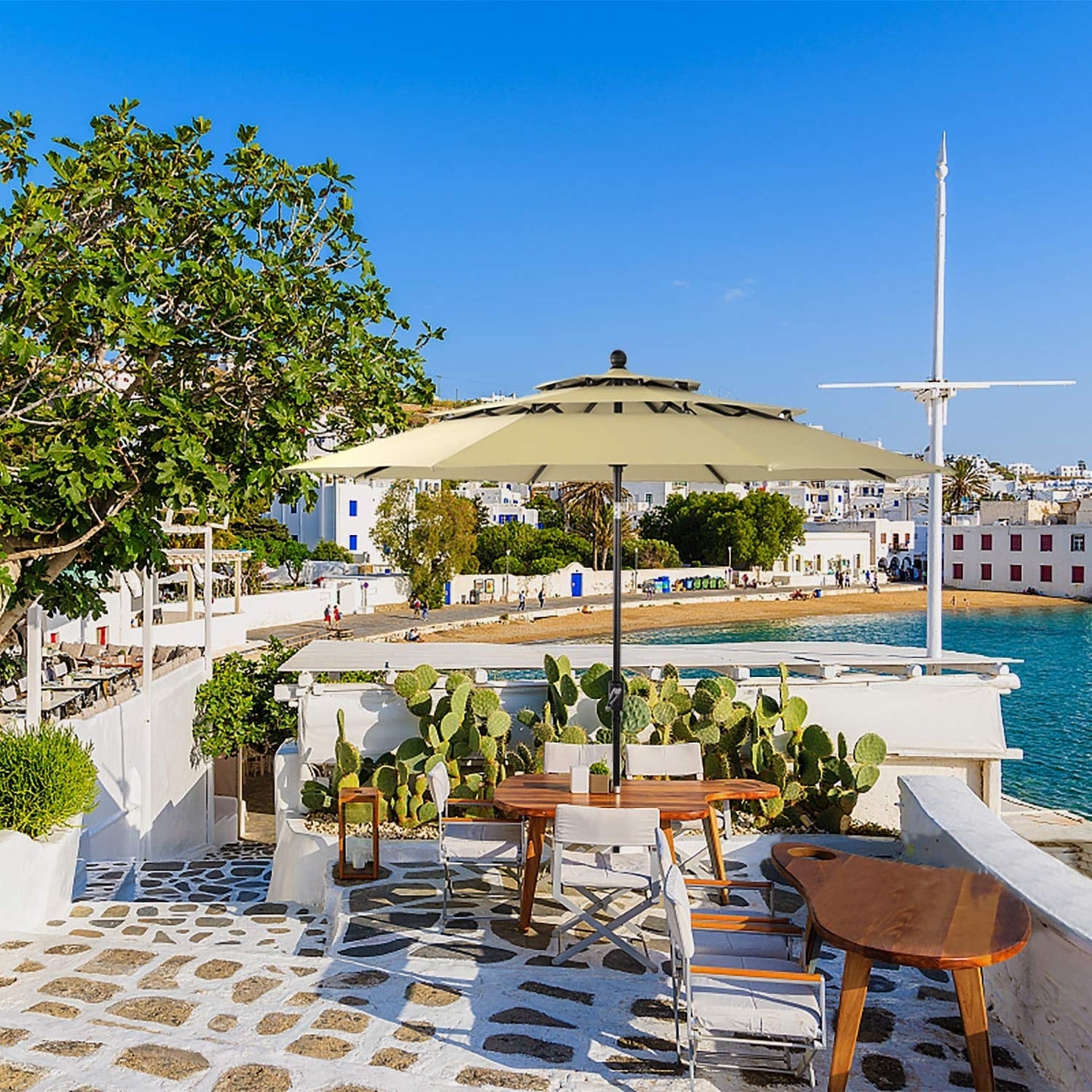 Parasol d'extérieur MAISON ARTS de 3 m (10 pi) à 3 niveaux, ventilé, avec inclinaison automatique et manivelle.