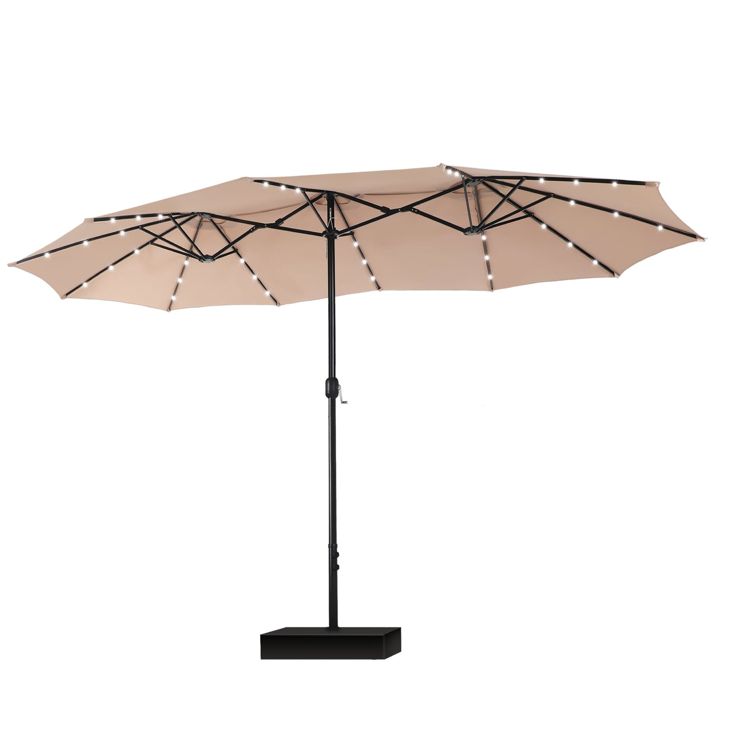 Parasol de marché d'extérieur rectangulaire à manivelle double face MAISON ARTS de 4,57 m (15 pi), avec éclairage solaire à DEL et base incluse