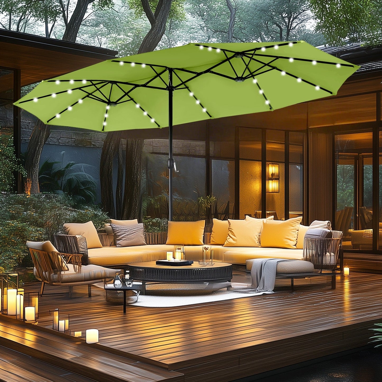 Parasol de marché d'extérieur rectangulaire à manivelle double face MAISON ARTS de 4,57 m (15 pi), avec éclairage solaire à DEL et base incluse