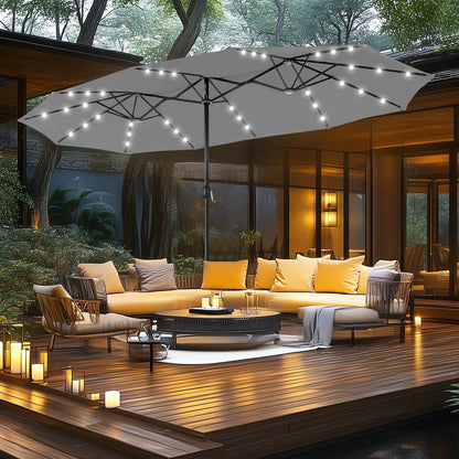 Parasol de marché d'extérieur rectangulaire à manivelle double face MAISON ARTS de 4,57 m (15 pi), avec éclairage solaire à DEL et base incluse