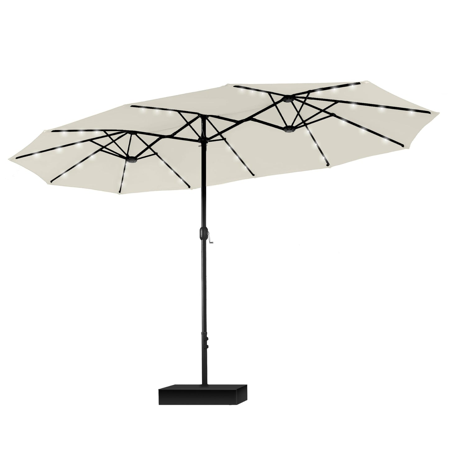 Parasol de marché d'extérieur rectangulaire à manivelle double face MAISON ARTS de 4,57 m (15 pi), avec éclairage solaire à DEL et base incluse
