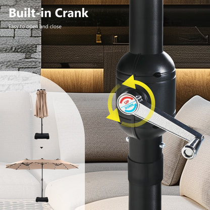 Parasol de marché d'extérieur rectangulaire à manivelle double face MAISON ARTS de 4,57 m (15 pi), avec éclairage solaire à DEL et base incluse