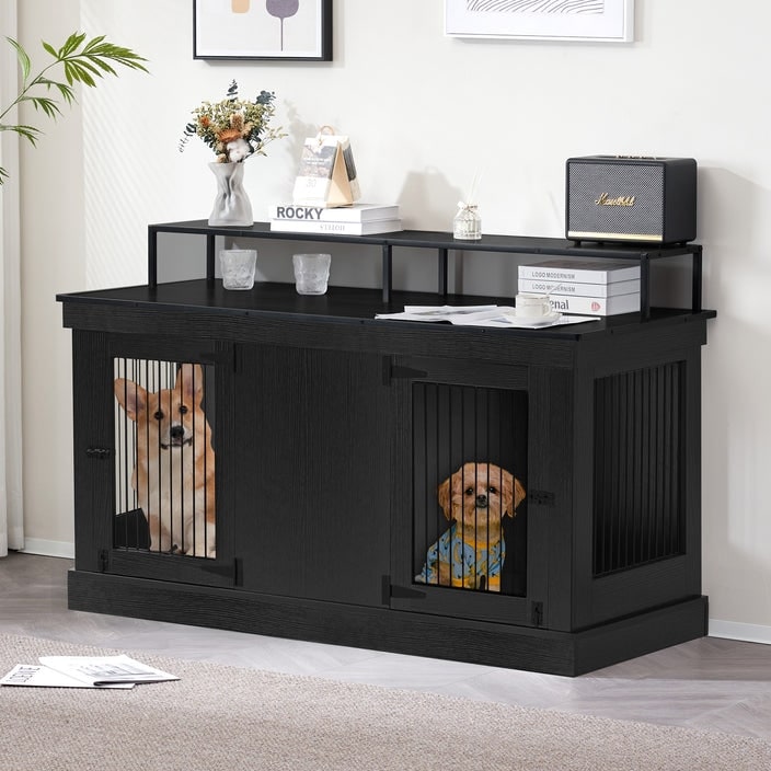 Meuble TV intégré pour grande cage à chien Mcombo, niche en bois avec double porte 1861
