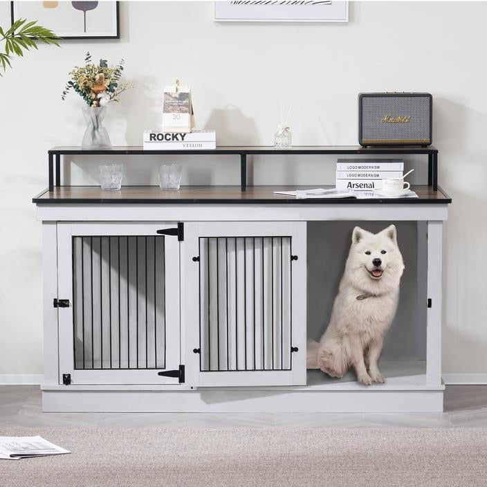 Meuble TV intégré pour grande cage à chien Mcombo, niche en bois avec double porte 1861