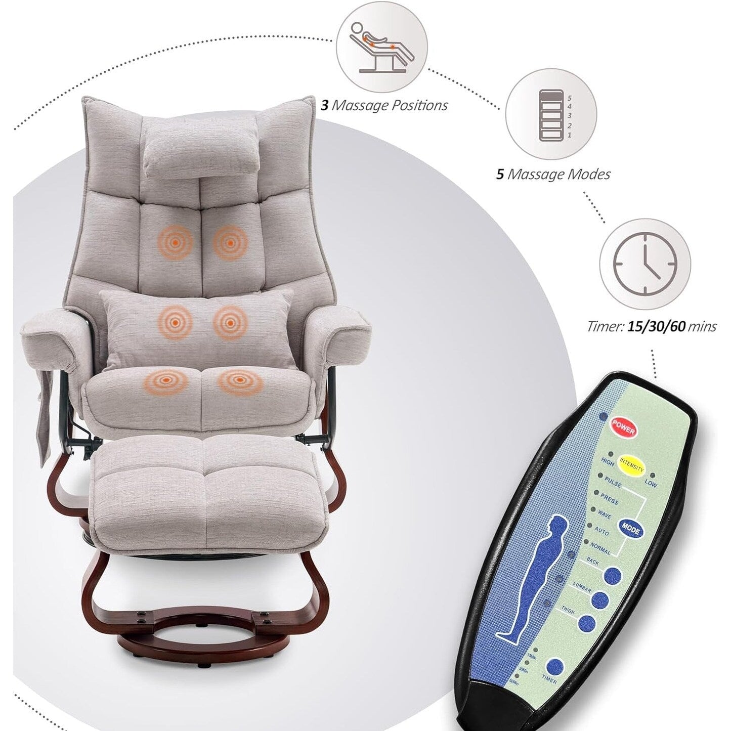 Ensemble de 2 fauteuils inclinables pivotants avec pouf et coussin de nuque, tissu chenille