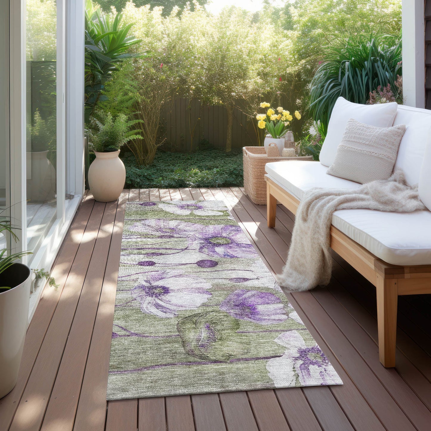 Tapis Chantille moderne à motif floral, lavable en machine, pour intérieur/extérieur