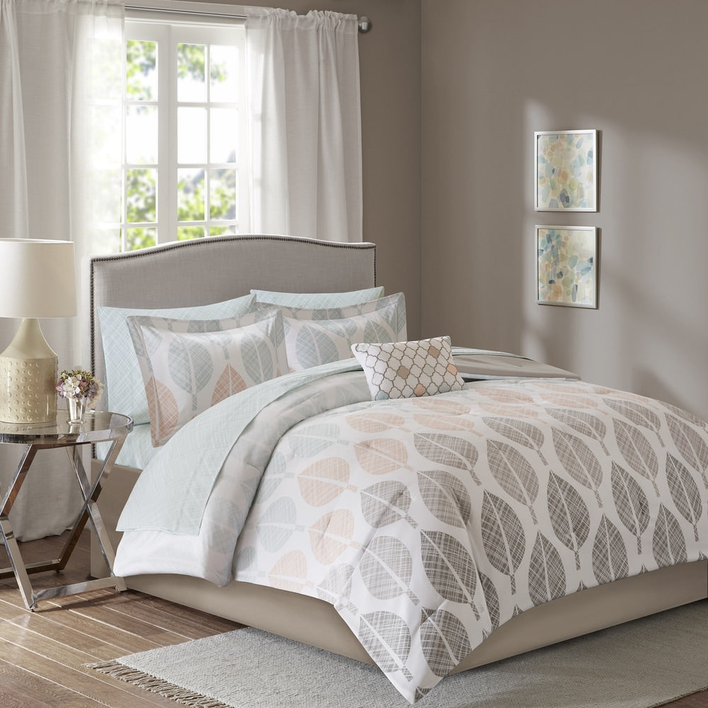 Ensemble de couette Madison Park Essentials Pelham Bay corail/vert avec draps en coton