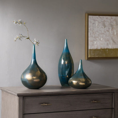 Ensemble de 3 vases décoratifs en verre bleu aurore et bronze Madison Park Signature