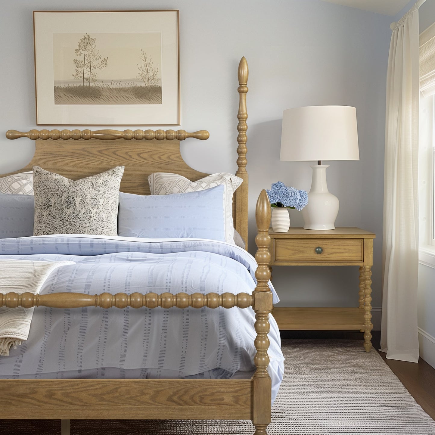Table de chevet en bois tourné Beckett, signée Madison Park, avec tiroir et étagère.