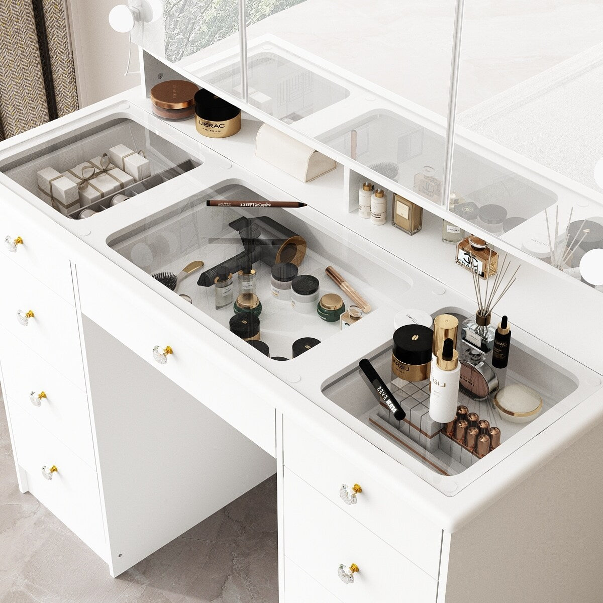 Coiffeuse avec miroir à trois volets, éclairage certifié, plateau en verre