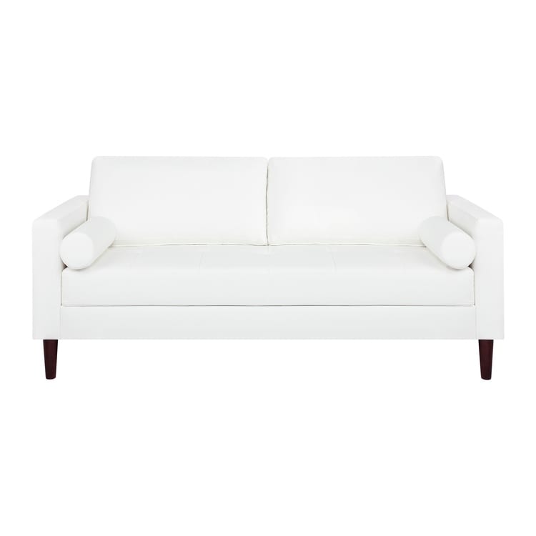 Canapé moderne en cuir véritable avec pieds en bois et coussin cylindrique supplémentaire