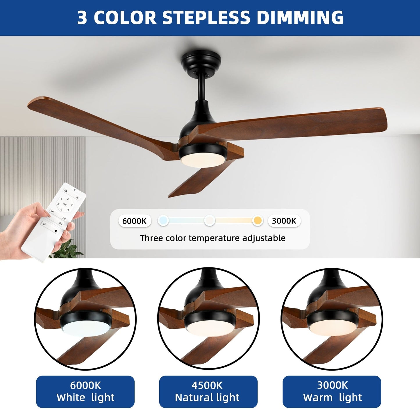 Ventilateur de plafond moderne Moasis 52 avec télécommande, éclairage et 5 pales en bois massif