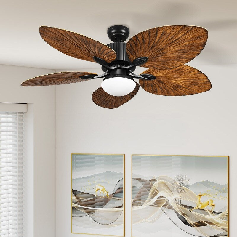 Ventilateur de plafond Moasis 52 à motif feuilles de palmier avec éclairage, style tropical et télécommande