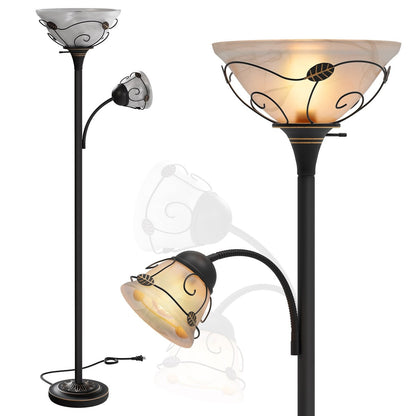 Lampadaire torche traditionnel Moasis 71 avec lampe de lecture réglable, abat-jour en verre albâtre - 180 cm de hauteur