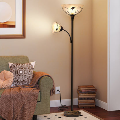 Lampadaire torche traditionnel Moasis 71 avec lampe de lecture réglable, abat-jour en verre albâtre - 180 cm de hauteur