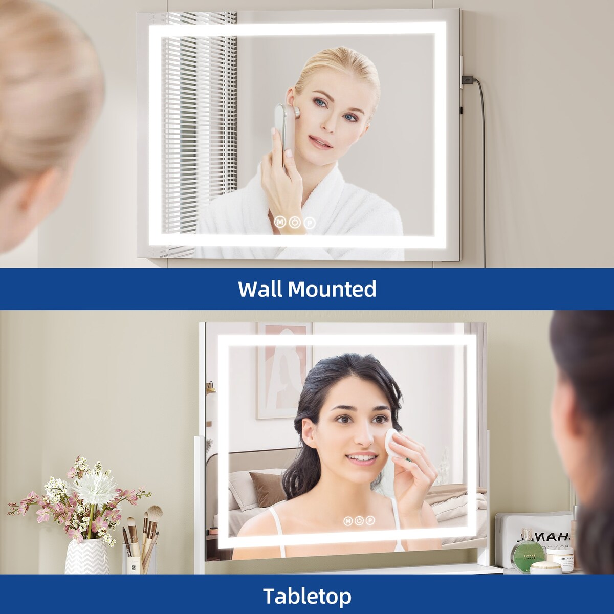 Miroir de maquillage Moasis avec lumière LED, port de chargement USB, grossissement x10 et haut-parleur Bluetooth.