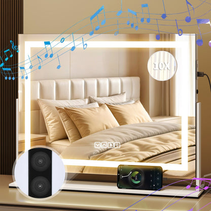 Miroir de maquillage Moasis avec lumière LED, port de chargement USB, grossissement x10 et haut-parleur Bluetooth.