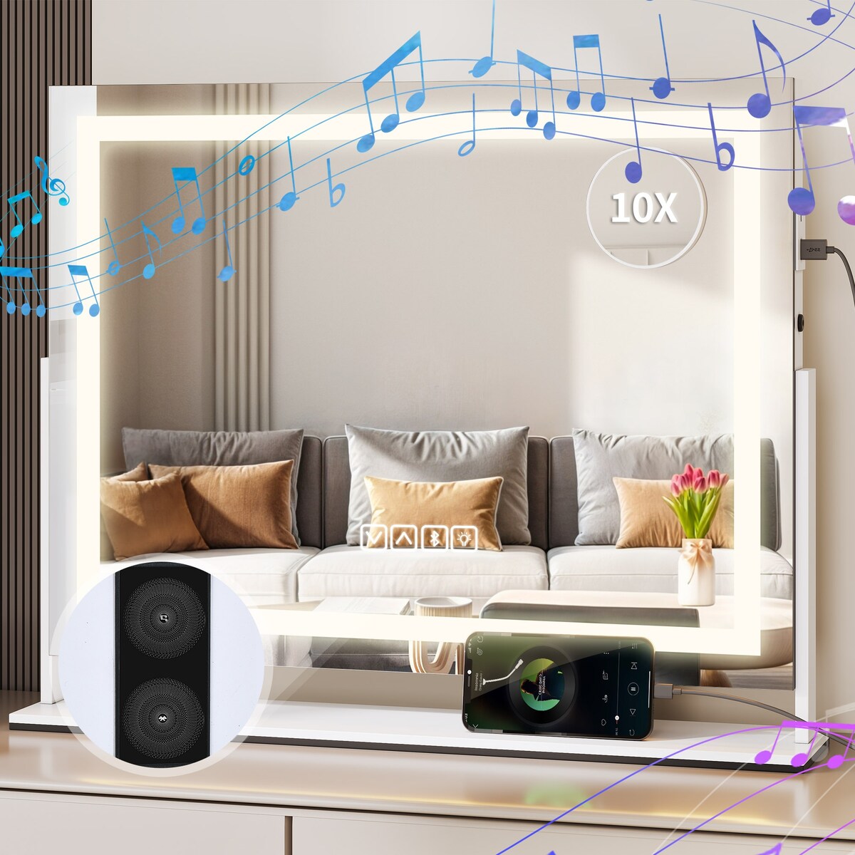 Miroir de maquillage Moasis avec lumière LED, port de chargement USB, grossissement x10 et haut-parleur Bluetooth.