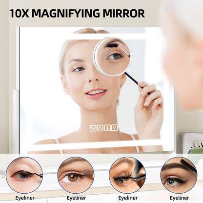 Miroir de maquillage Moasis avec lumière LED, port de chargement USB, grossissement x10 et haut-parleur Bluetooth.